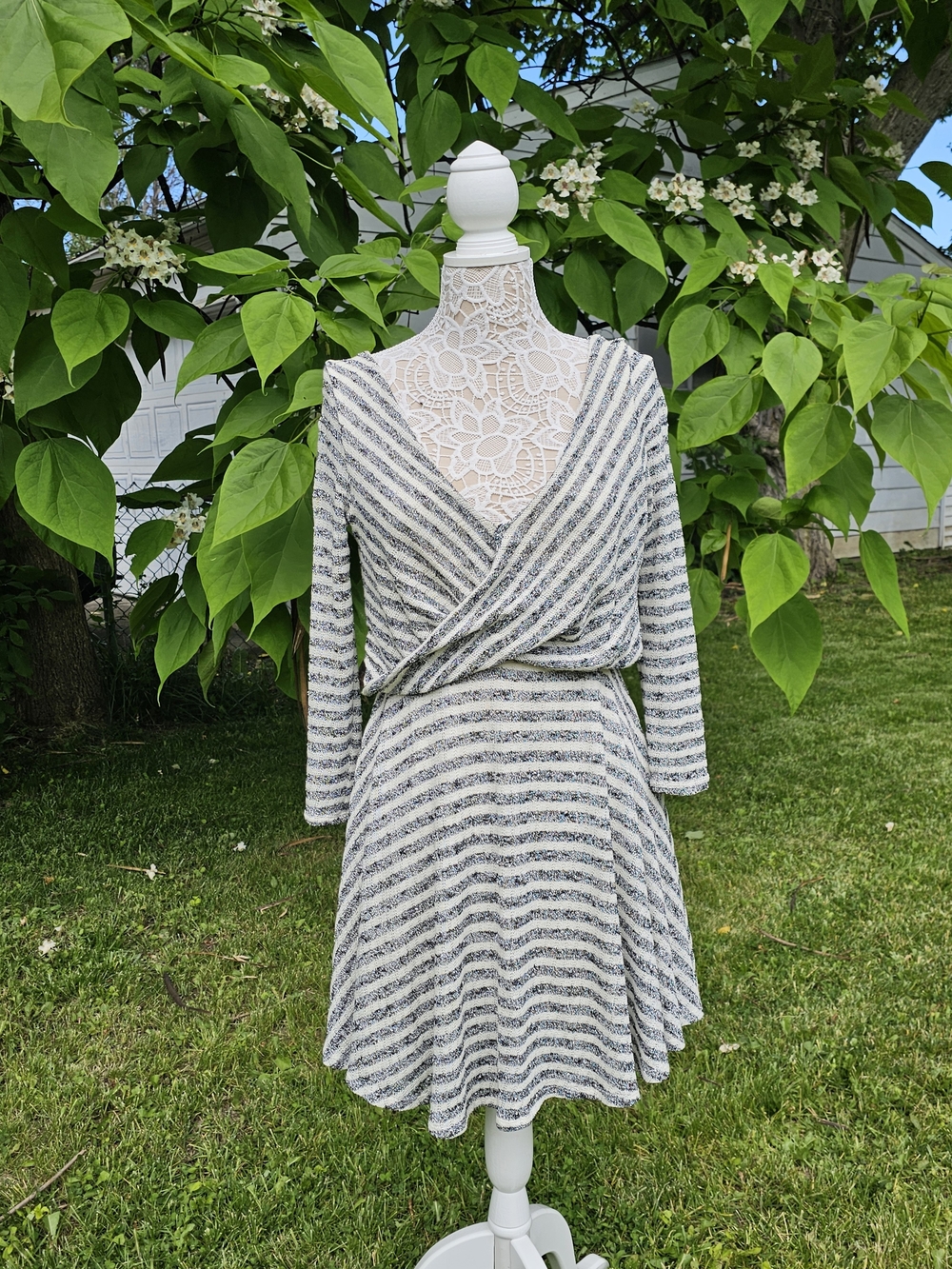 Women’s Striped Wrap-Front Dress in White and Gray